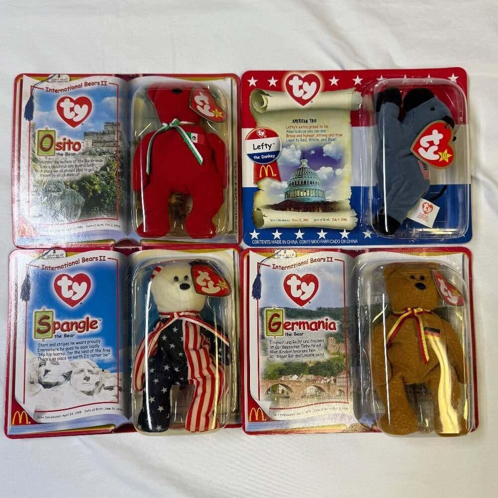 McDonald's Ty Beanie Babies 2000 Set of 4 NIB Spangle, Lefty, Germania, Osito